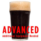 A drinking glass of Smoke Bomb Imperial Smoked Chipotle Porter with a customer caution in red text: "Advanced, additional equipment needed" to brew this recipe kit