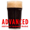 A drinking glass of Smoke Bomb Imperial Smoked Chipotle Porter with a customer caution in red text: "Advanced, additional equipment needed" to brew this recipe kit