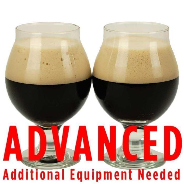 Two half-filled glasses of the Mutt Nuts Brown Porter with a customer caution in red text: "Advanced, additional equipment needed" to brew this recipe kit