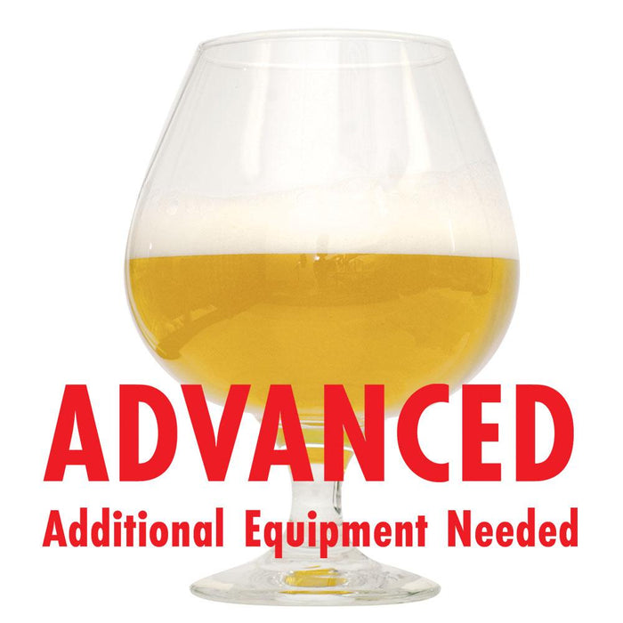 Hazy Eights Double NE IPA in a glass with red text cautioning the customer that this is an all-grain recipe kit and requires additional equipment