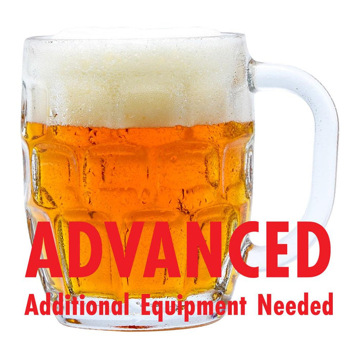 Maypole Maibock Lager in a mug with an All-Grain caution in red text: "Advanced, additional equipment needed"