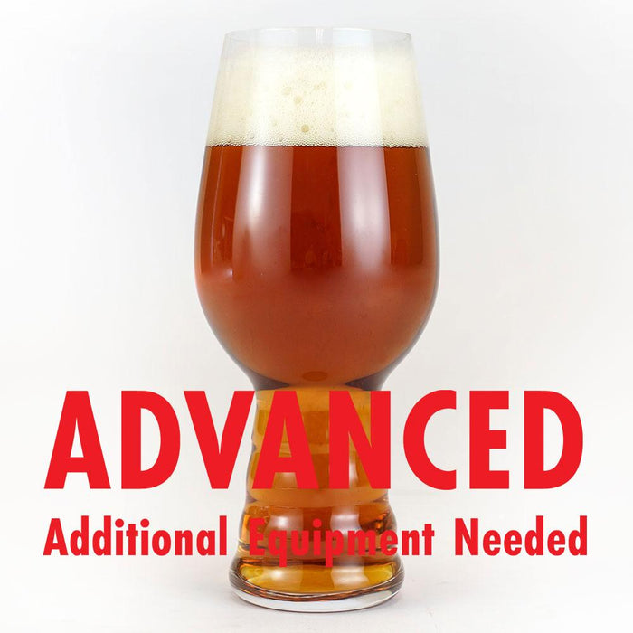 The Plinian Progeny homebrew in a glass with a customer caution in red text: "Advanced, additional equipment needed" to brew this recipe kit