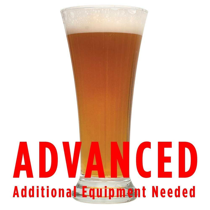 Obi Ron Wheat homebrew in a glass with an All-Grain caution in red text: "Advanced, additional equipment needed"