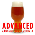 A glass filled with Swig of Sunbeams with a customer caution in red text: "Advanced, additional equipment needed" to brew this recipe kit