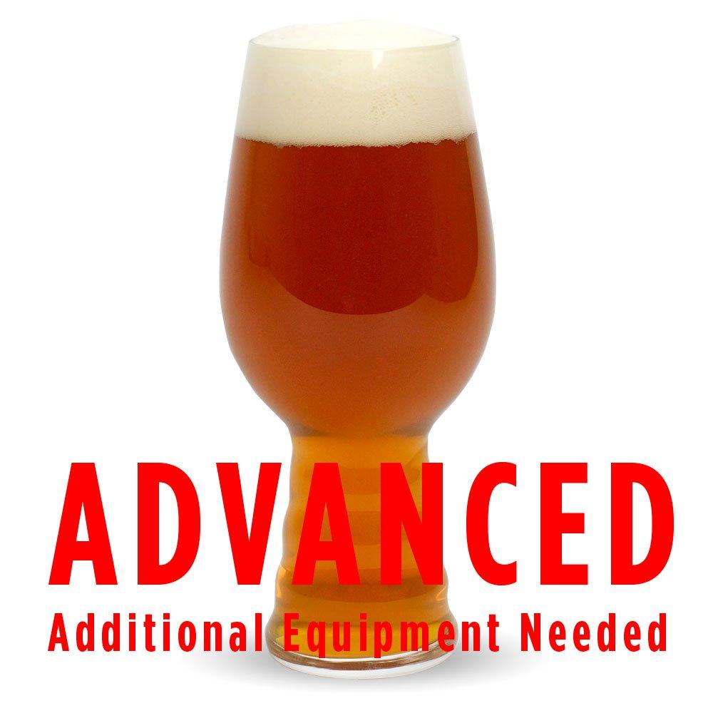 A glass filled with Swig of Sunbeams with a customer caution in red text: "Advanced, additional equipment needed" to brew this recipe kit