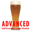 Raspberry Wheat homebrew in a glass with a customer caution in red text: "Advanced, additional equipment needed" to brew this recipe kit
