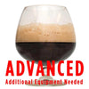Peanut Butter Cup Stout in a glass with an All-Grain caution in red text: "Advanced, additional equipment needed"