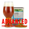 Glass of Zombie Frost homebrew beside a pile of and bag of citra cryo hops, with an All-Grain caution in red text: "Advanced, additional equipment needed"